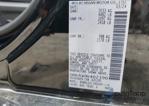 2024 Nissan Altima Sr Intelligent Awd из США, поврежденный, VIN 1N4BL4CW2RN402390